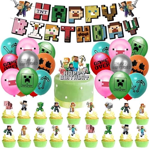 Geburtstagsdeko Jungen,50 Stück Videospiele Party Supplies, Mini-Craft Dekoration, Videospiel Geburtstag Set mit Banner Luftballons Cake Topper und Bänder Geburtstagsdeko Jungen,50 Stück Videospiele Party Supplies, Mini-Craft Dekoration, Videospiel Geburtstag Set mit Banner Luftballons Cake Topper und Bänder von Wikrzeer