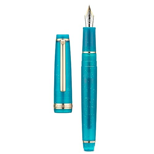 Jinhao 82 Acryl Füllfederhalter, Iridium gebogene Feder mit Tintenkonverter, Transparent Pfauenblau fluoreszierend klassisches Design Kalligraphiestift (Goldrand) von Wikult