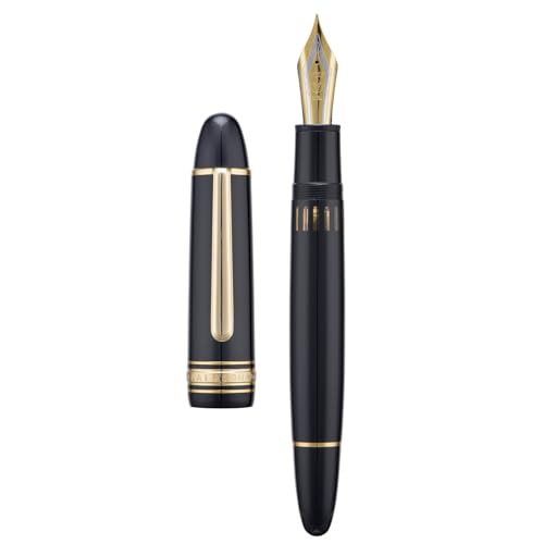 Wikult Yongsheng Junlai 930 Acryl Füllfederhalter, Größe 9 Breit Feder mit Kolbenfüllsystem, Piano Schwarz Zaun Tinte Tank Design Glattes Schreibgerät (Goldener Rand) von Wikult
