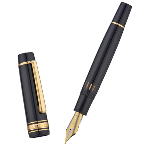 Wikult Yongsheng Junlai 930 Acryl Füllfederhalter, Größe 9 mit breiter Feder und Kolbenfüllsystem, Klavier Schwarz Zaun Tintentank mit Flache Oberseite Design Glatter Schreibstift (Goldener Besatz) von Wikult