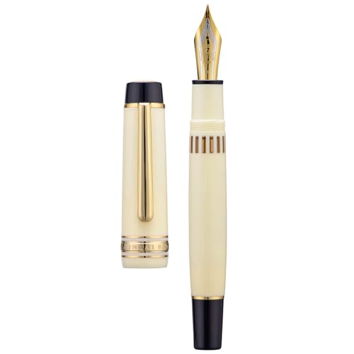 Wikult Yongsheng Junlai 930 Acryl Füllfederhalter, Größe 9 mittlere Feder mit Kolbenfüllsystem, Elfenbein-Weißer Zaun Tintentank mit Flache Oberseite Design Glatter Schreibstift (Goldener Besatz) von Wikult