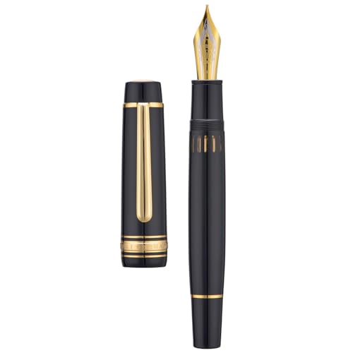 Wikult Yongsheng Junlai 930 Acryl Füllfederhalter, Größe 9 feine Feder mit Kolbenfüllsystem, Klavier Schwarz Zaun Tintentank mit Flache Oberseite Design Glatter Schreibstift (Goldener Besatz) von Wikult