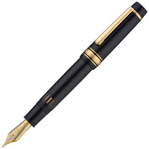Wikult Yongsheng Junlai 930 Acryl Füllfederhalter, Größe 9 mittlere Feder mit Kolbenfüllsystem, Klavier Schwarz Zaun Tintentank mit Flache Oberseite Design Glatter Schreibstift (Goldener Besatz) von Wikult
