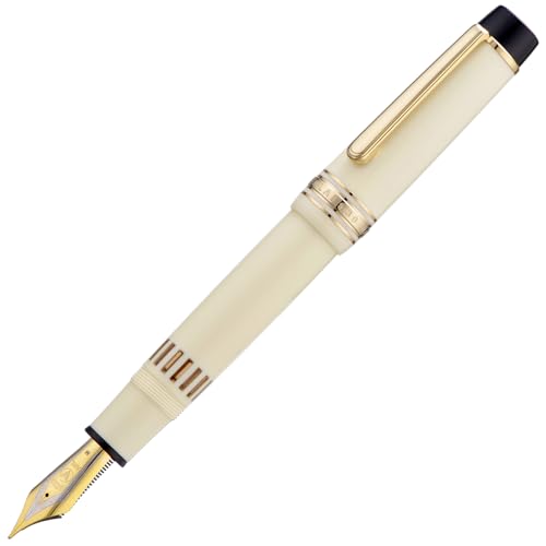 Wikult Yongsheng Junlai 930 Acryl Füllfederhalter, Größe 9 mittlere Feder mit Kolbenfüllsystem, Elfenbein-Weißer Zaun Tintentank mit Flache Oberseite Design Glatter Schreibstift (Goldener Besatz) von Wikult