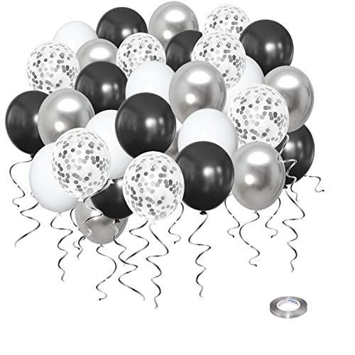 70 Stück Ballons Schwarz Silber Weiß, Wiletasz 30cm Silber Schwarz und Weiß Ballons Metallic Latex Konfetti Ballons Helium Ballons für Geburtstag Graduierung Jahrestag Party Dekoration von Wiletasz