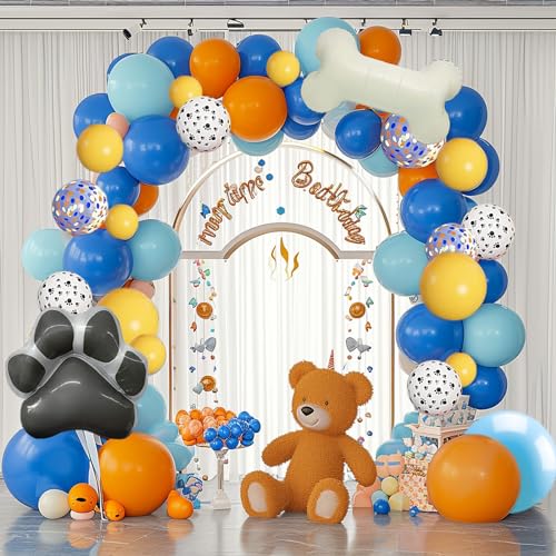 Wiletasz Blaue Geburtstagsparty-Luftballons, Girlanden-Set Blau Orange Gelb Weiß Knochen Hundeballons Bogen für Babyparty, Mädchen und Jungen, blaue Themen-Geburtstagsparty-Dekorationen von Wiletasz
