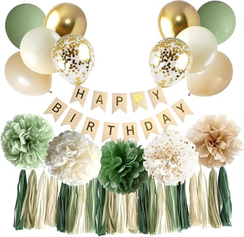 Wiletasz Salbeigrüne Geburtstagsdekorationen für Frauen, Mädchen, Jungen und Erwachsene, Boho-Geburtstagsdekorationen mit goldenen grünen Luftballons, Geburtstagsbanner, Papierbommeln Wiletasz Salbeigrüne Geburtstagsdekorationen für Frauen, Mädchen, Jungen und Erwachsene, Boho-Geburtstagsdekorationen mit goldenen grünen Luftballons, Geburtstagsbanner, Papierbommeln von Wiletasz