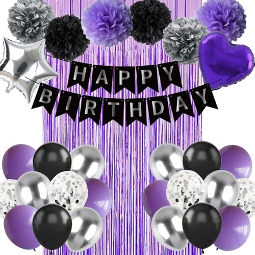 Wiletasz Schwarz Lila und Silber Happy Birthday Party Dekorationen Luftballons, Lila Geburtstagsdekorationen mit Banner Vorhänge für Frauen Männer Jungen Mädchen Wiletasz Schwarz Lila und Silber Happy Birthday Party Dekorationen Luftballons, Lila Geburtstagsdekorationen mit Banner Vorhänge für Frauen Männer Jungen Mädchen von Wiletasz