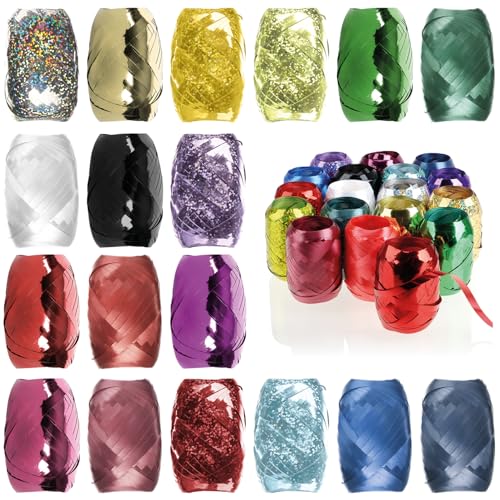 Wilhelm Sell® 18x Ringelband in bunten Farben - 20 m je Rolle - Set Geschenkbänder zum Basteln und Verpacken - mattes, glänzendes und glitzerndes Polyband für Schleifen und Dekoration (18 Farben) von Wilhelm Sell