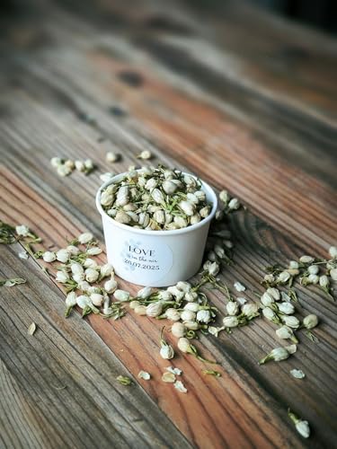 Blütenkonfetti Ivory Jasmin mit Bechern und individuellem Sticker | 1L (90g) & 10 weiße Becher | Hochzeit | Geburtstag | Events | nachhaltiges Konfetti | Dekoration (Layout 2) von Willach GbR