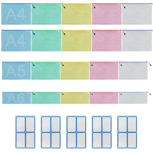 20 Stück Dokumentenmappe mit Reißverschluss, Dokumententasche A4/A5/A6 Mesh-Kunststoff-Reißverschlusstasche für Bürodokumente, Hausaufgaben, Kosmetik und Reisen, mit 20 Aufklebern von Willdone
