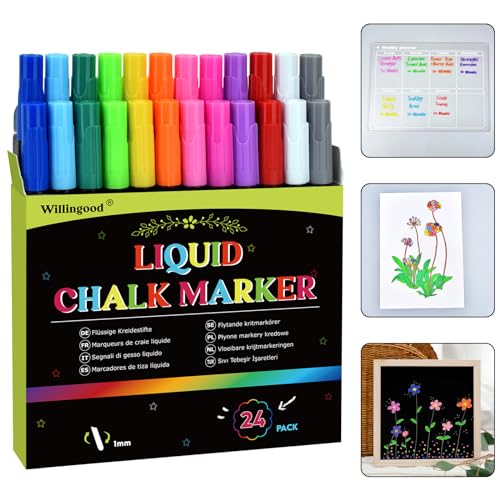 24 PCS Flüssige Kreidestifte, Mehrfarbig Abwaschbar Kreidemarker Fensterstifte Tafelstifte Whiteboard Marker für Kreidetafel, Whiteboard, Fenster, Glas, Feine Spitze 12 Farben, Ideale Geschenke 24 PCS Flüssige Kreidestifte, Mehrfarbig Abwaschbar Kreidemarker Fensterstifte Tafelstifte Whiteboard Marker für Kreidetafel, Whiteboard, Fenster, Glas, Feine Spitze 12 Farben, Ideale Geschenke von Willingood
