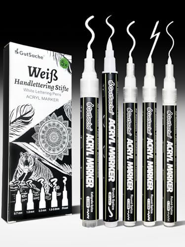 5er-Set Weiß Acrylmarker, Acrylstift Wasserfest Stark Deckendes Acryl Farben zum Malen auf Leinwand Malpapier Holz Steine Bullet Journal, Handlettering-Stifte mit Brush Pen Fineliner Kalligrafie Stift von Willingood