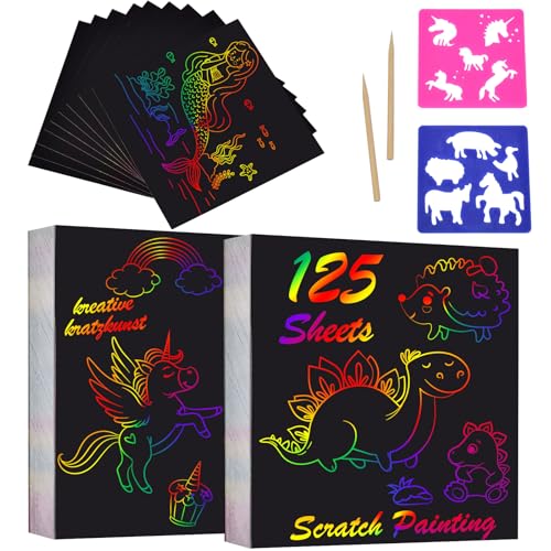 Kratzbilder Kinder, 125 Blätter Regenbogen Kratzbilder, Magic Scratch Book + 2 Holzstifte + 2 Malschablonen, Scratch Crafts Kinder Set zum Zeichnen & Basteln für Party Deko DIY Handwerk (8,5*8,5CM) Kratzbilder Kinder, 125 Blätter Regenbogen Kratzbilder, Magic Scratch Book + 2 Holzstifte + 2 Malschablonen, Scratch Crafts Kinder Set zum Zeichnen & Basteln für Party Deko DIY Handwerk (8,5*8,5CM) von Willingood