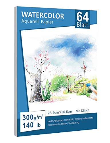 Premium Aquarellpapier (22.9 x 30.5cm, 64 Einzelne Blätter), Aquarellblock Glatt Watercolor Paper Strukturiert & Matt Aquarell Papier für Aquarellmalerei Wasserfarben Gouache Acryl Aquarell von Willingood