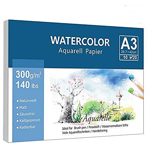 Premium Aquarellpapier (A3, 300 g/m², 20 Einzelne Blätter), Aquarellblock Glatt Watercolor Paper, Strukturiert & Matt Aquarell Papier für Aquarellmalerei Wasserfarben Gouache Acryl & Aquarelltechniken von Willingood