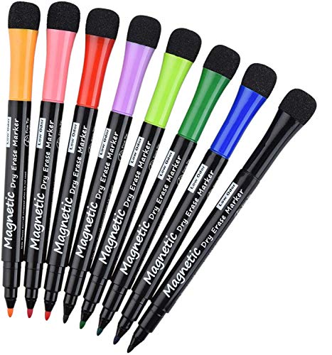 Willingood Whiteboard Marker, Magnetisch Whiteboard Schwamm mit Stifte, 2 in 1 Kreidemarker mit 8 Farben, Trocken Abwischbar, Rundspitze 1-2mm, Perfekt für Zuhause Schule Büro von Willingood