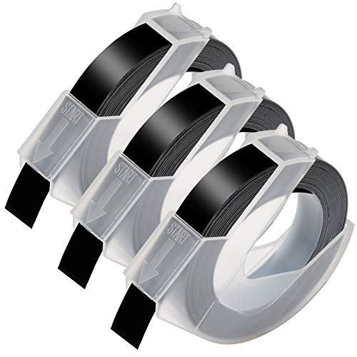Willingood 3 Stück Etikettenband als Ersatz für Dymo Prägeband, Selbstklebend Vinyl Prägeetiketten 3D Prägegerät Band 9mm x 3m Kompatibel für DYMO Omega & Motex Etikettenprägegerät, Weiß auf Schwarz von Willingood