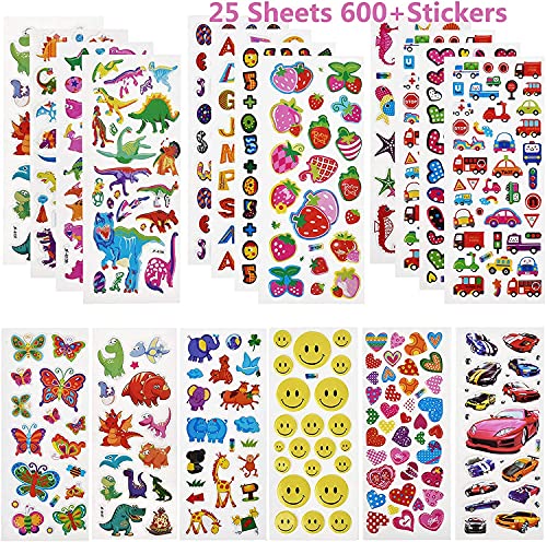 Willingood 3D Sticker Aufkleber Set für Kinder Mädchen 25 Verschiedene Blätter 600+ Geschwollen Stickers mit Dinosaur, Cars, Parteibevorzugungen, Mitgebsel Kindergeburtstag und Gastgeschenke von Willingood