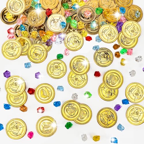 Williyatt 200 Stück Piraten Goldmünzen, 100 Stück Goldtaler Pirat Münzen und 100 Stück Edelsteine, Piraten Deko Kindergeburtstag, Schatztruhe Kindergeburtstag, Edelsteine Ausgraben für Kinder von Williyatt