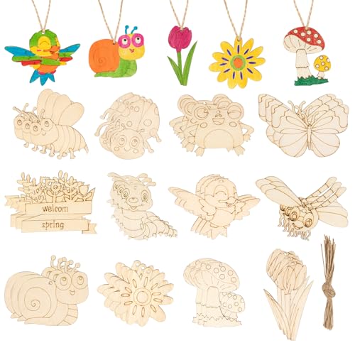 36-teiliges Bastelset aus Holz für Kinder, 12 Stile, blanko, Schmetterling, Libelle, Schnecke, Blumenform mit Loch, Holzornamente, Holzscheiben für Malerei, DIY-Projekte, Handwerk, Party-Dekoration von WinHoliLux