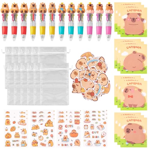 Capybara Schreibwaren-Partygeschenke, 98 Stück Capybara-Partygeschenke enthalten 12 Stück 4-in-1-Kugelschreiber, 50 Stück Aufkleber, 360 Stück Haftnotizen, 12 Blatt transparente Aufkleber und 12 Stück von WinHoliLux