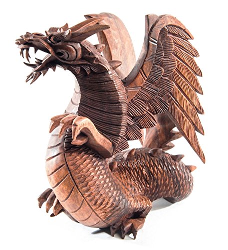 Windalf Holzfigur Drache BRAINN 30 cm Stehender Holz-Drache mit Flügeln Glücksbringer Schutzdrache Holz von Windalf