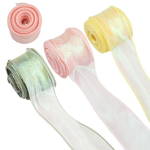 Chiffonband 3 Rollen - Chiffon Band - Geschenkband - Schleifenband, Schimmernd und Transparent, Ideal für Geschenkverpackung, Hochzeit und Dekoration (Champagner, Traumhaftes Lila, Eisblau) von Windfromort