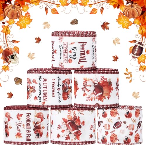 Windkream 6 Rollen Herbstbänder für Kranz, Schleifen, Herbstblätter, Kürbis, Fußball, Partybänder für Geschenkverpackungen, 6,3 cm x 4,5 m, Bauernhaus, Ernte, Erntedankfest, Party-Dekoration für von Windkream