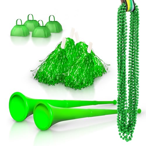 Windy City Novelties Schulgeist-Set mit 4 Kuhglocken, 4 Pompons, 2 zusammenklappbaren Stadionhörnern, 12 Perlenketten, Grün von Windy City Novelties