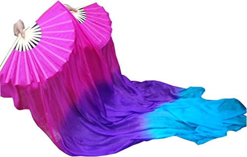 Winged Sirenny 180cm Echte Seide Fächerschleier Bauchtanz Seide Paar, Fächer mit Stoff Schleier (rosa/violett/türkis) von Winged Sirenny