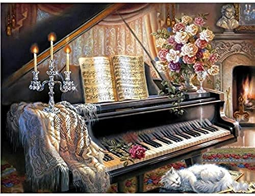 Wingkin Kreuzstich Stickpackungen Klavier und Katze 11CT Erwachsene Sticken Set,DIY Stickbilder Vorgedruckt Kreuzstich für Anfänger Home Decor （40x50cm ） von Wingkin
