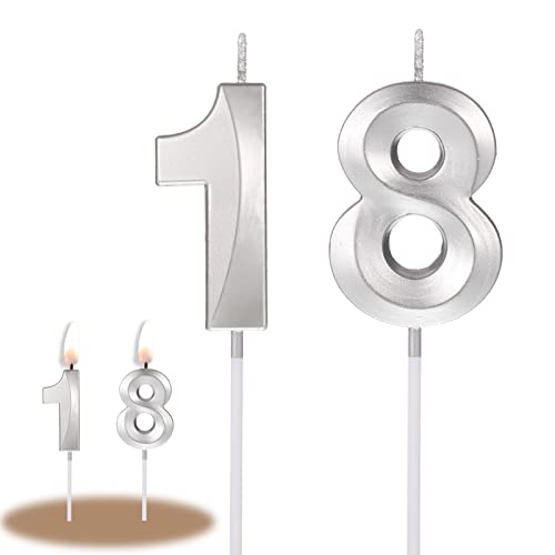 Winkwinky 18. Geburtstag Kerzen Kuchen Silber Zahlen Kerzen 1 und Ziffer Kerzen 8, Geburtstagstorte Kerzen Zahlen Cake Topper Dekoration für Hochzeit Jahrestag Feier Lieferungen (Silber) von Winkwinky