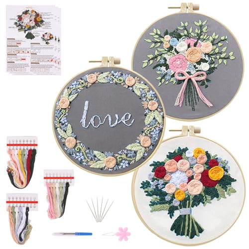 Winmany 3er-Pack Blumen-Sticksets für Erwachsene, Anfänger, Valentinstag, Kreuzstich-Set mit Anleitung (evtl. nicht in deutscher Sprache), Stickerei-Stoffreifen, Fäden, Starter-Bastelset für von Winmany