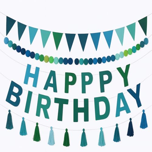 Winmany 4 Stück vorbespannte 3D-Banner "Happy Birthday" aus Filz, blau-grüne Pompon-Quasten, Girlande, Wimpelflaggen, Geburtstagsschild, Dekorationen für Party von Winmany
