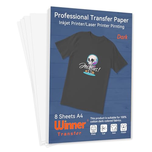 WinnerTransfer Professionelles Wärmetransferpapier, dunkle Farbe, A4, 8 Blatt, Baumwoll-T-Shirt-Druck, Bügeltransferpapier für Tintenstrahl- und Laserdrucker (WT-H-D-8) von WinnerTransfer