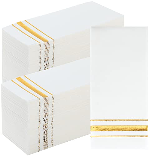 Weiße und goldene Einweg-Servietten – 200 Stück – Papier-Gästehandtücher in Leinen-Optik – Einweg-Servietten für Badezimmer, ausgefallene Hochzeit, Servietten für Abendessen, Party-Servietten von Winoo Design