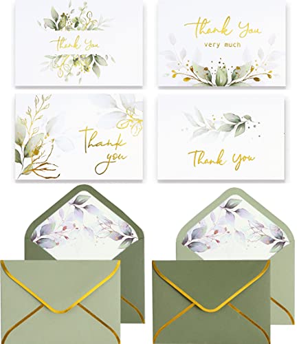 Winoo Design 100 Stück salbeigrüne Dankeskarten mit Umschlägen Bulk – 12,7 x 8,9 cm Gold Greenery Hochzeit Dankeskarten Babyparty Dankeskarten für Brautdusche Kleinunternehmen Geburtstag von Winoo Design