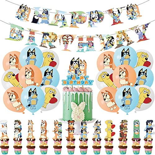 Winric Blaue Hunde-Geburtstagsparty-Zubehör, Hundeparty-Dekorationen – Happy Birthday-Banner, Kuchenaufsatz, Cupcake-Topper, Luftballons für Kindergeburtstagsparty von Winric