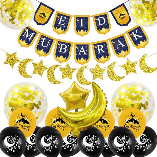 Eid Mubarak Dekoration,Schwarze Goldene Ramadan Mubarak Dekoration Set, Eid Mubarak Banner Aufhängen, Stern Mond Folienballon für Eid Ramadan Mubarak Partydeko von Winric