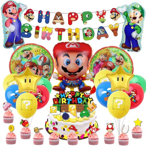 Mario Geburtstagsparty-Zubehör, 125-teiliges Super Mario-Party-Dekorationen und Geschirr-Set, Mario-Partyteller, Servietten, Tischdecke, Banner, Luftballons usw., Mario-Geburtstagsdekorationen für von Winric