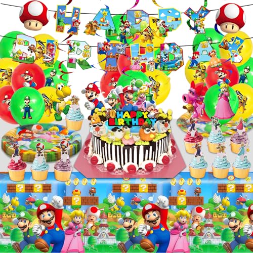 Super Geburtstag Deko, Dekoration für Kindergeburtstagsparty, Super Party Deko Geschirr Set Enthält Banner Luftballons Kuchen Topper Teller und Tischtuch von Winric