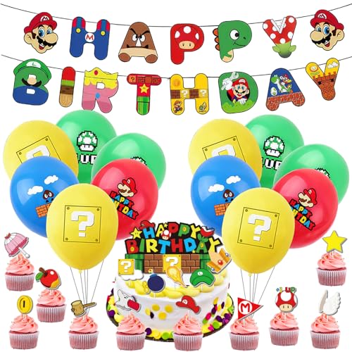 Super Mario Geburtstagsdeko Super Mario Geburtstag Party Deko Jungen Mädchen Deko Set Enthält Happy Birthday Banner Girlande Super Mario Kuchen Muffins Deko Tortendeko Luftballons von Winric