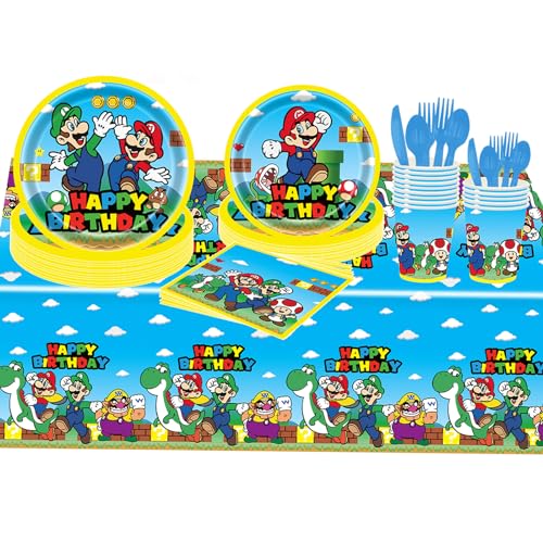 Super Mario Geburtstagsparty-Zubehör, 20 Gäste Super Mario Partygeschirr-Set, inklusive Teller, Becher, Servietten, Tischdecke, Banner für Kinder, Jungen, Mädchen, Geburtstagsparty-Dekorationen (Stil von Winric