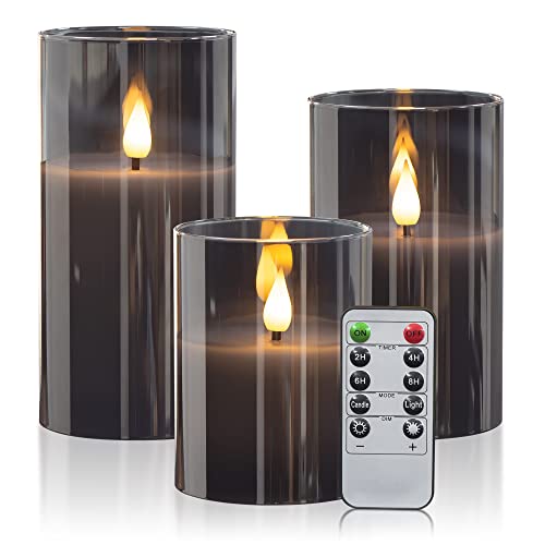 WinsTime Graue flammenlose Kerzen aus Glas, Flammenlose Kerzen mit Fernbedienung Timer Funktion, batteriebetrieben flackernde Säule Kerzen, echtem Wachs, 3er-Set(10cm, 12,5cm, 15cm) von WinsTime