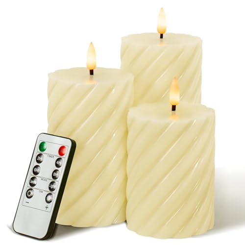WinsTime LED-Kerzen Flammenlose Kerzen mit Fernbedienung Timer Funktion, Elfenbein Spiral batteriebetrieben flackernde Säule Kerzen, echtem Wachs, 3er-Set(10cm, 12.5cm, 15cm) von WinsTime