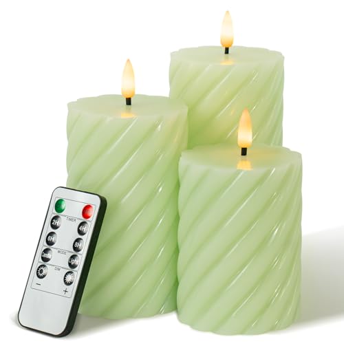 WinsTime LED-Kerzen Flammenlose Kerzen mit Fernbedienung Timer Funktion, Grün Spiral batteriebetrieben flackernde Säule Kerzen, echtem Wachs, 3er-Set(10cm, 12.5cm, 15cm) von WinsTime