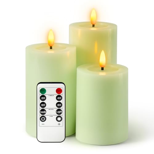 WinsTime LED-Kerzen Flammenlose Kerzen mit Fernbedienung Timer Funktion, Grün batteriebetrieben flackernde Säule Kerzen, echtem Wachs, 3er-Set(10cm, 12.5cm, 15cm) von WinsTime