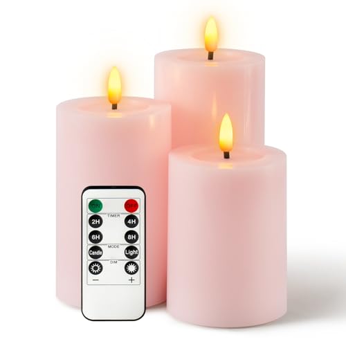 WinsTime LED-Kerzen Flammenlose Kerzen mit Fernbedienung Timer Funktion, Rosa batteriebetrieben flackernde Säule Kerzen, echtem Wachs, 3er-Set(10cm, 12.5cm, 15cm) von WinsTime