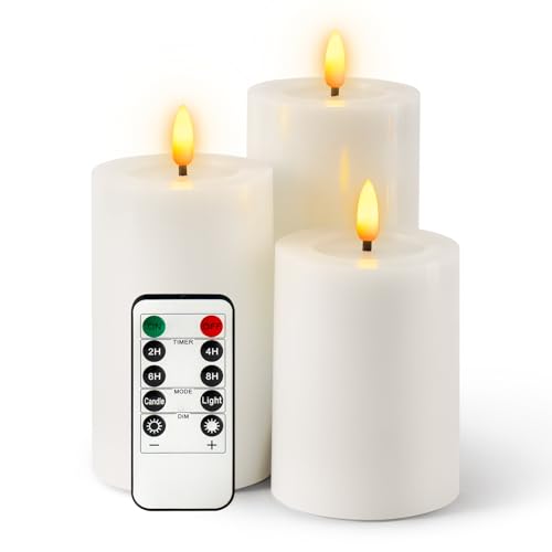 WinsTime LED-Kerzen Flammenlose Kerzen mit Fernbedienung Timer Funktion, Weiß batteriebetrieben flackernde Säule Kerzen, echtem Wachs, 3er-Set(10cm, 12.5cm, 15cm) von WinsTime
